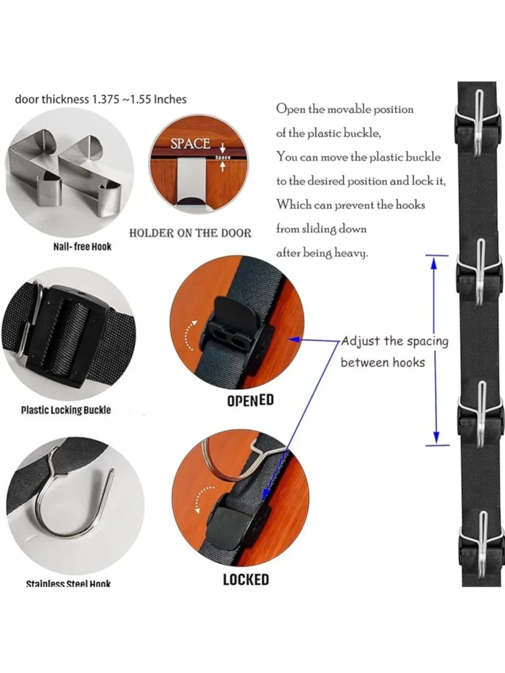 Adjustable Black Webbing Utility Door Purse Hanger